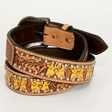 BAR H EQUINE Daffodil Floral Hand Painted Western Fashion Premium Leather Men And Women Belt Tan